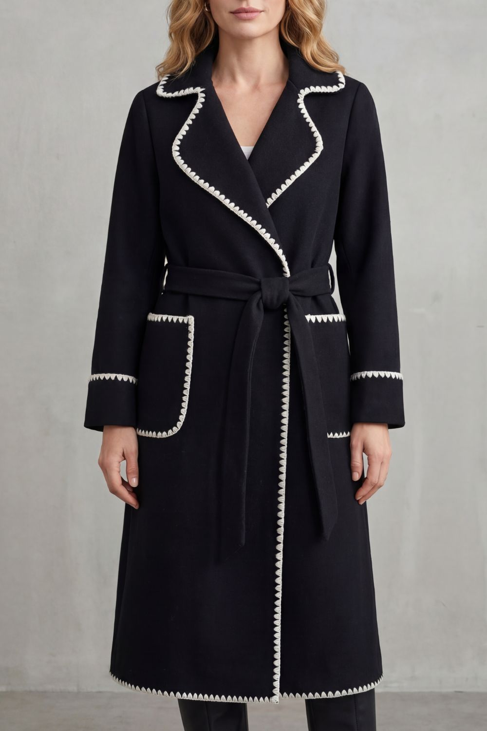 Seraphine – Contrast-Trim Belted Long Coat – Victoria Studio