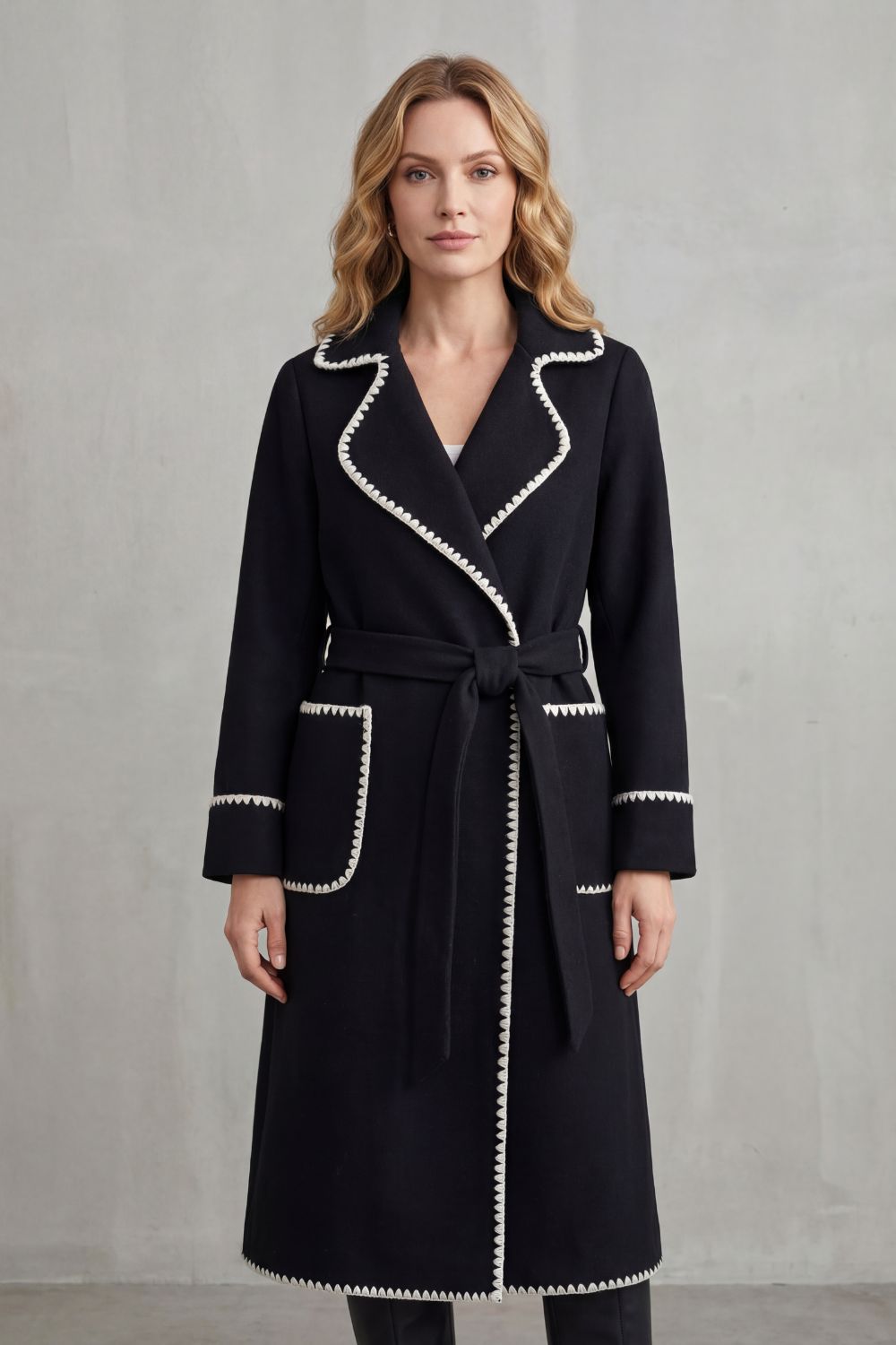 Seraphine – Contrast-Trim Belted Long Coat – Victoria Studio