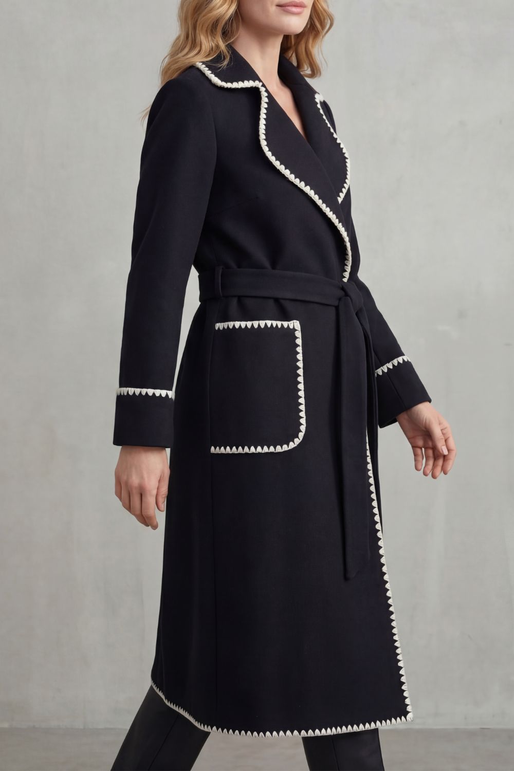 Seraphine – Contrast-Trim Belted Long Coat – Victoria Studio