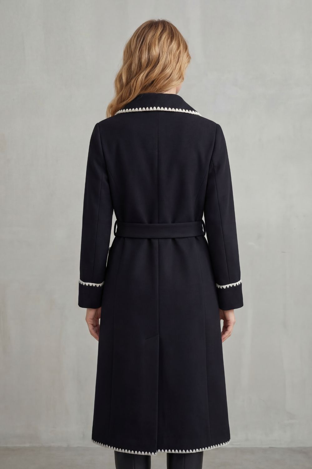 Seraphine – Contrast-Trim Belted Long Coat – Victoria Studio