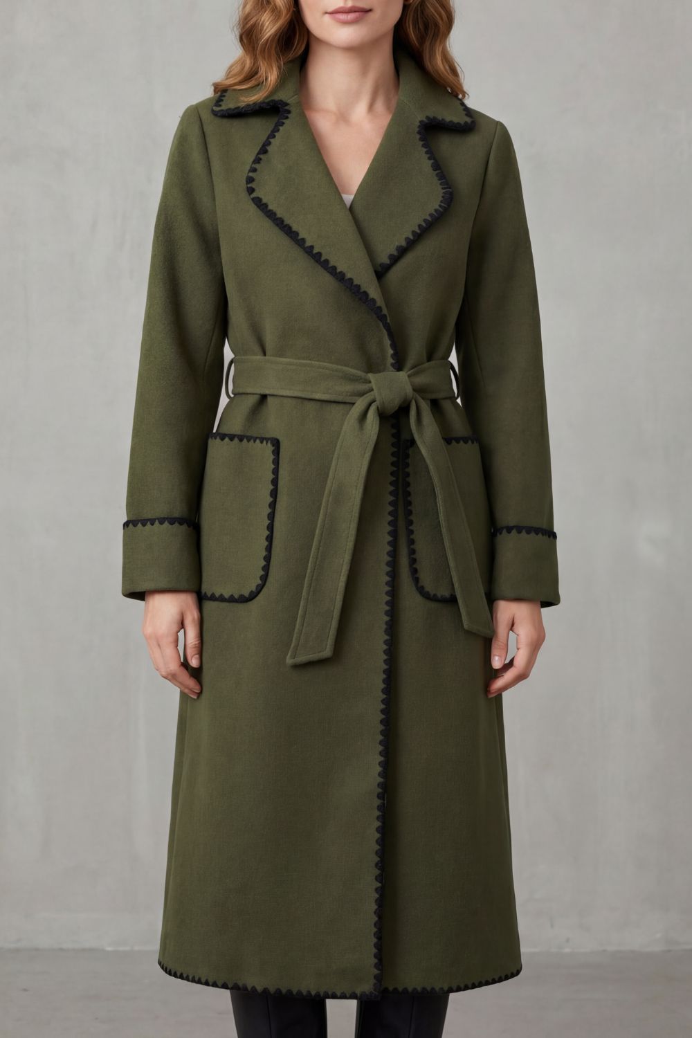 Seraphine – Contrast-Trim Belted Long Coat – Victoria Studio