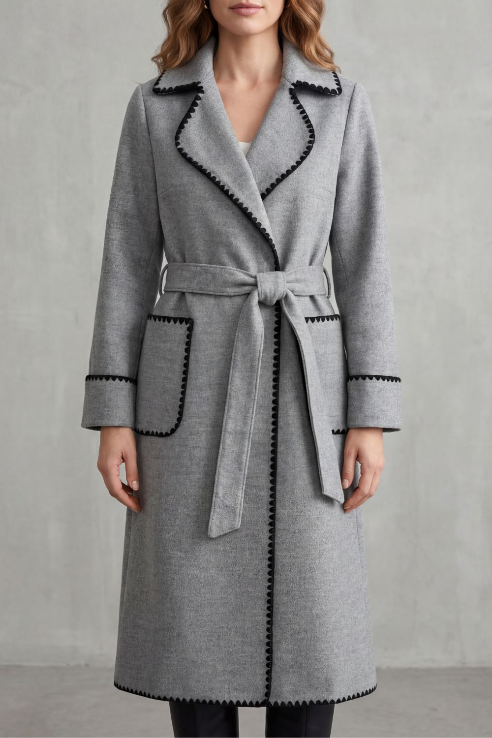 Seraphine – Contrast-Trim Belted Long Coat – Victoria Studio