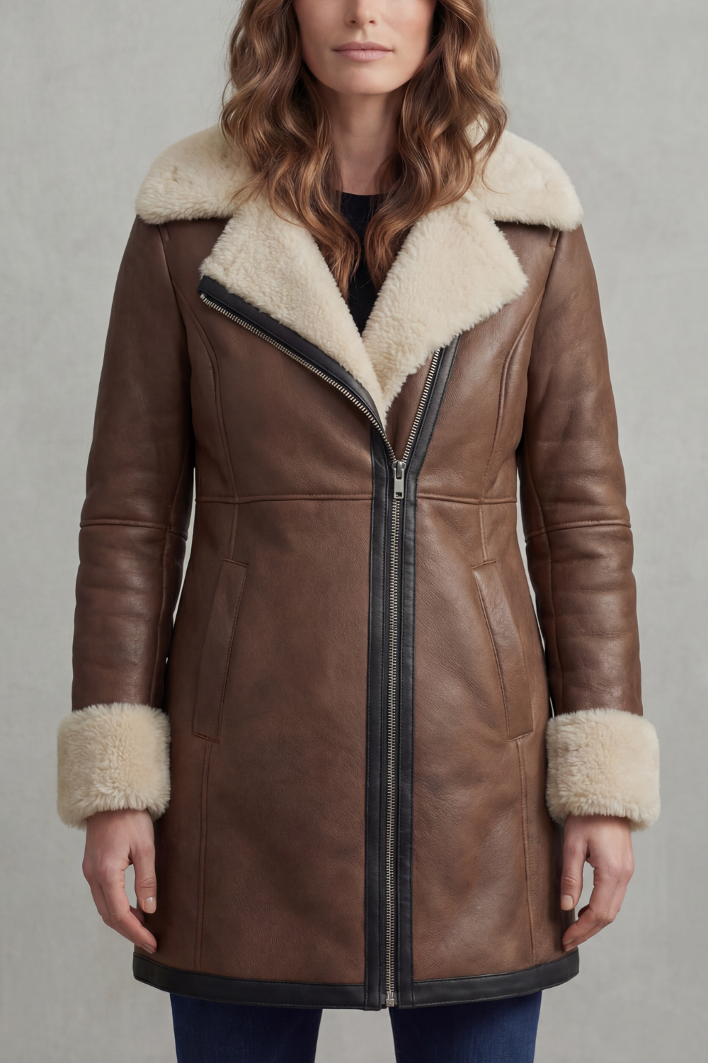Eliana – Manteau en similicuir à col effet peau lainée – Victoria Studio