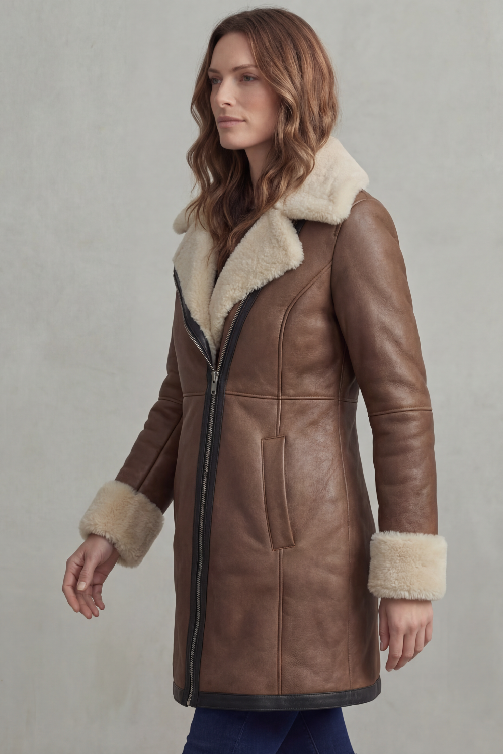 Eliana – Manteau en similicuir à col effet peau lainée – Victoria Studio