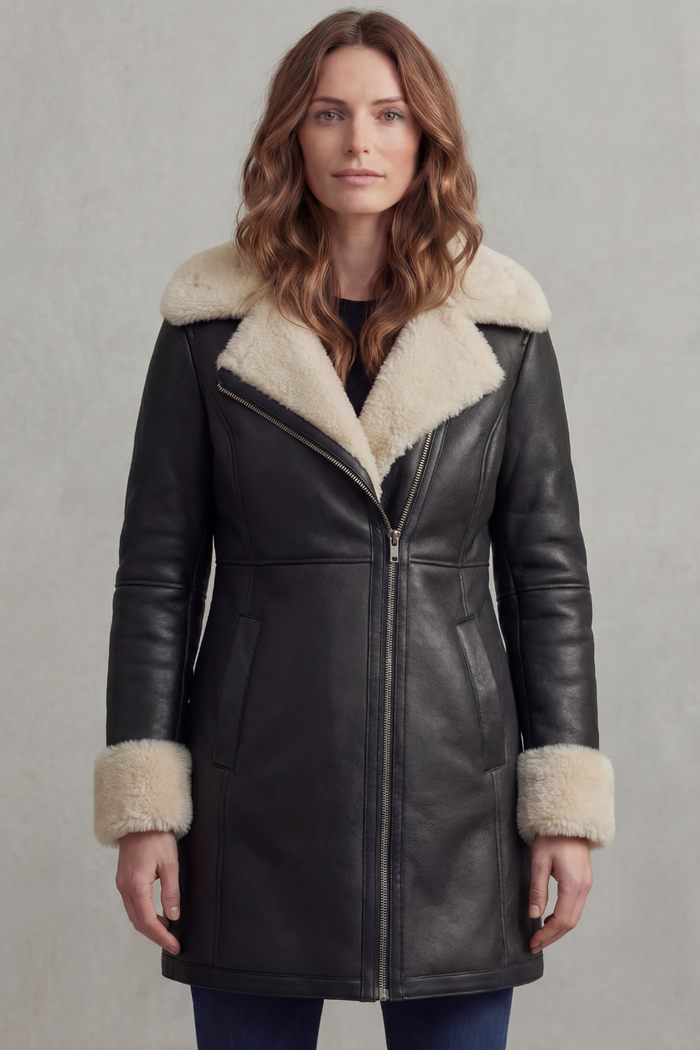 Eliana – Manteau en similicuir à col effet peau lainée – Victoria Studio