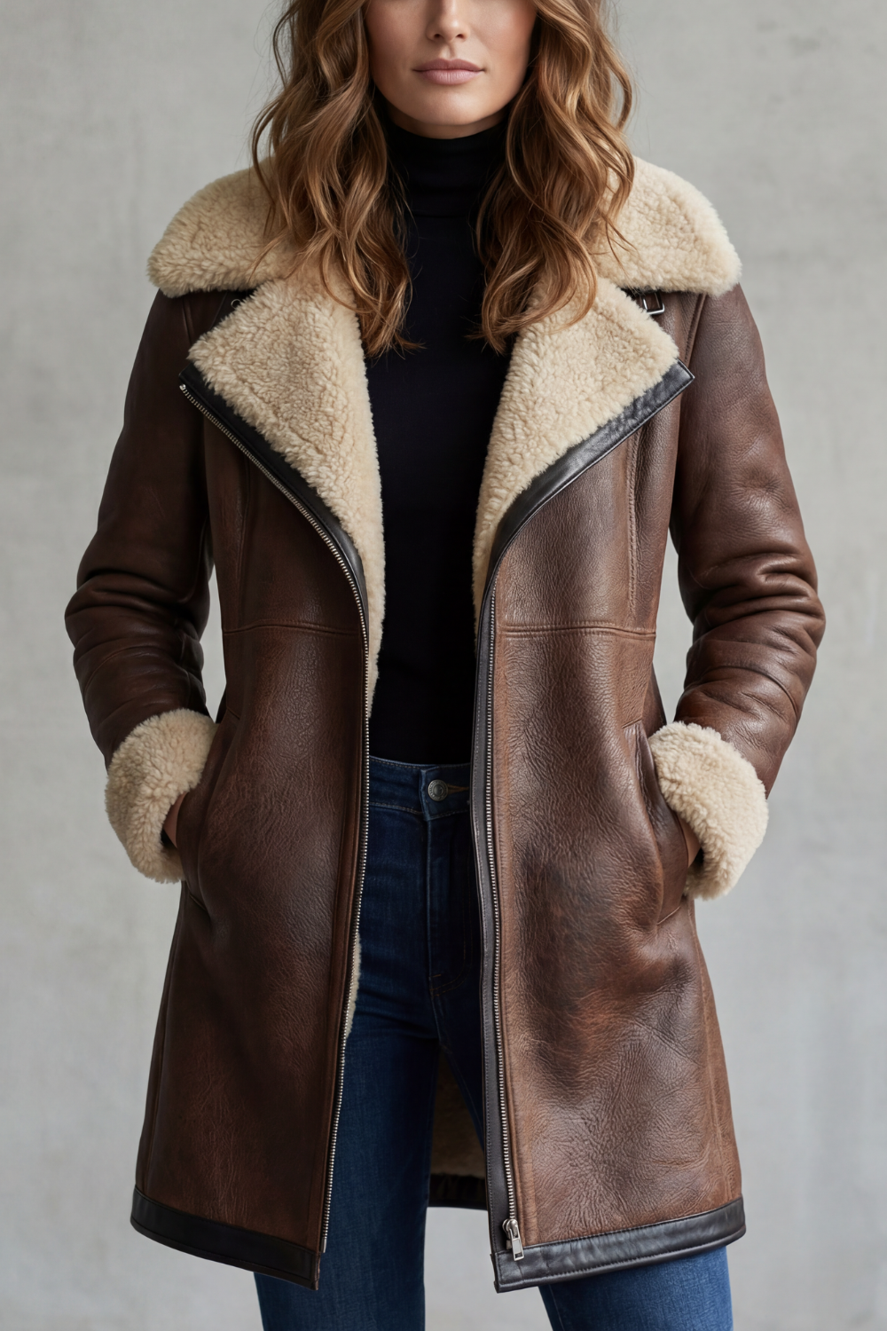 Marcella – Manteau effet suédine à finitions imitation peau lainée – Victoria Studio