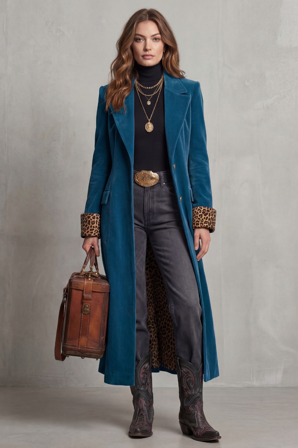 Veloura – Velvet Long Coat with Leopard Lining – Victoria Studio