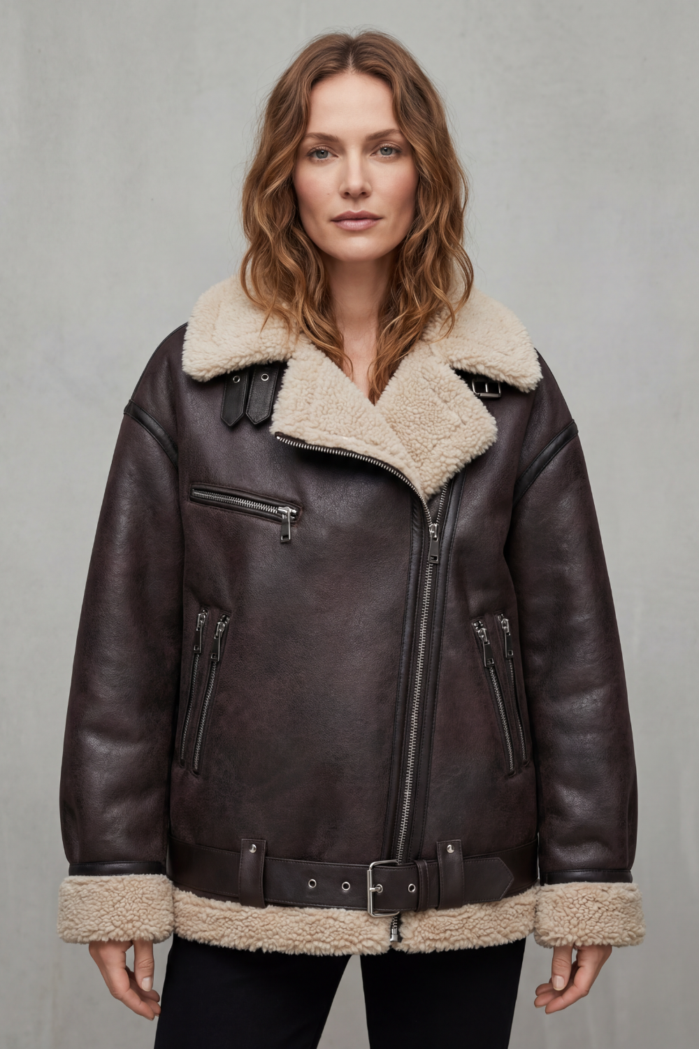 Roxane – Belted Shearling-Trim Aviator Coat – Victoria Studio