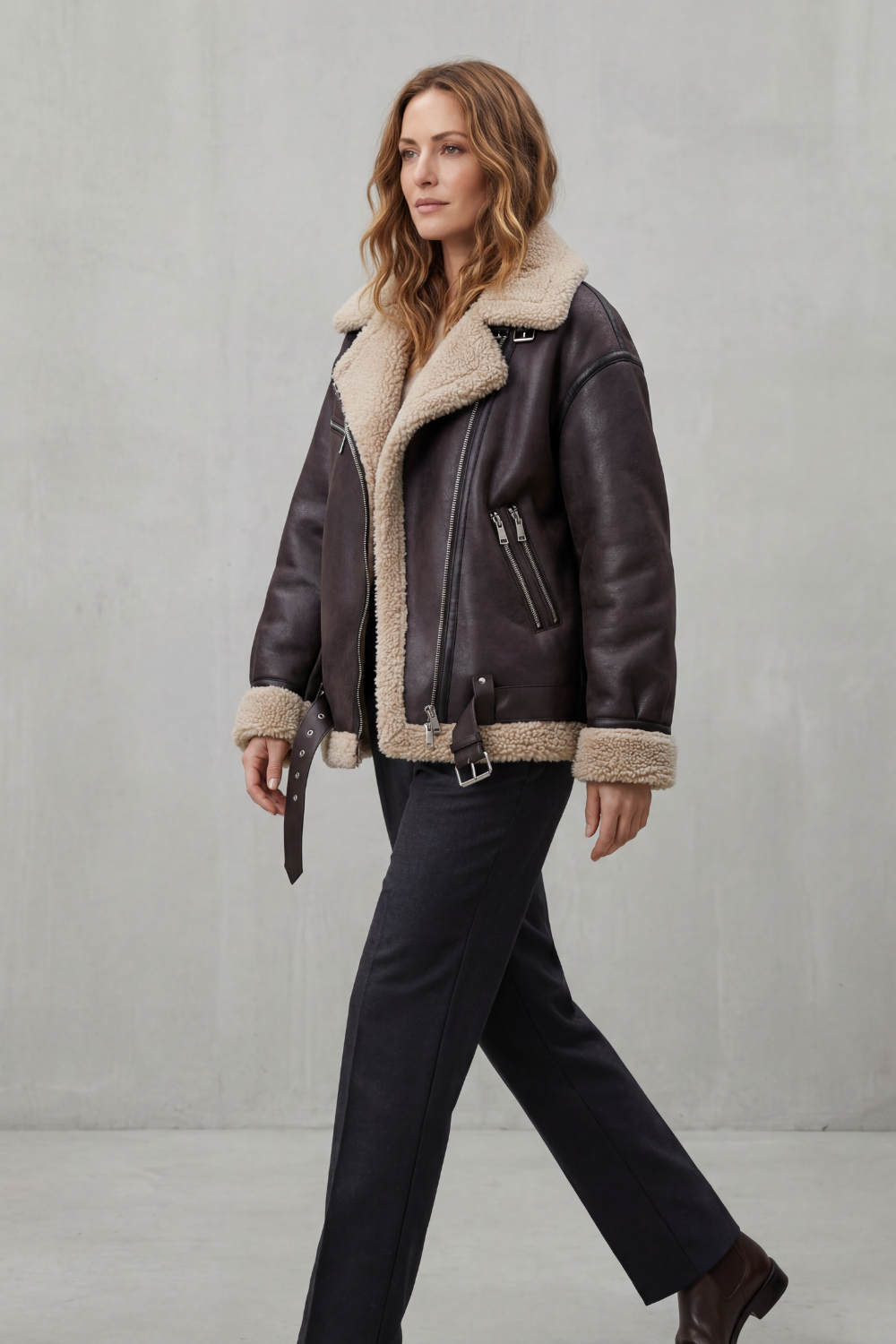 Roxane – Belted Shearling-Trim Aviator Coat – Victoria Studio