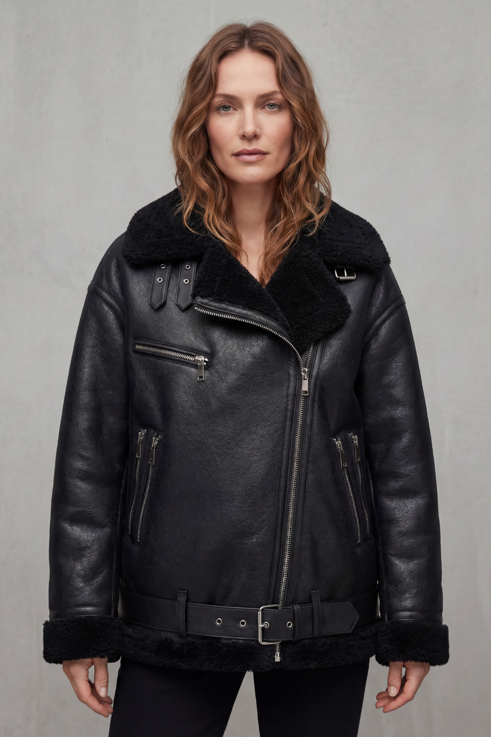 Roxane – Belted Shearling-Trim Aviator Coat – Victoria Studio